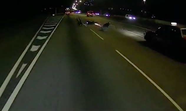 Taxi knocks over motorcycle with 2 people on North Lantau Highway ...
