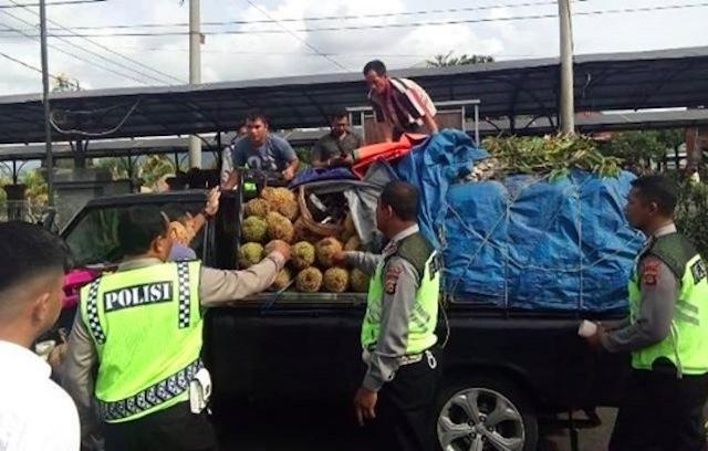 This is what trying to smuggle a stolen motorcycle past police using a truck full of durians looks like. Photo via Denpasar Viral