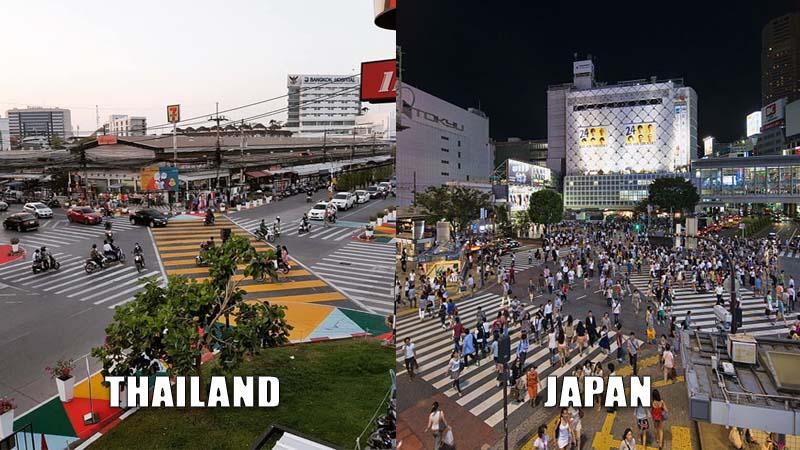 Udon Thani crossing (L) versus Japan’s famous Shibuya crossing (R): Photos:  Thai Association of Town Planning and Chensiyuan/ Wikimedia Commons