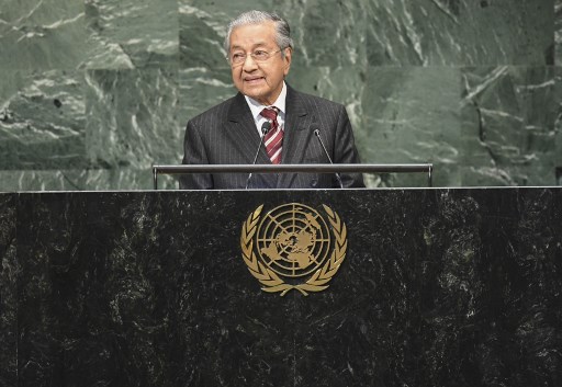 Malaysia’s Prime Minister Mahathir bin Mohamad speaks during the General Debate of the 73rd session of the General Assembly at the United Nations in New York on September 28, 2018. (Photo by KENA BETANCUR / AFP)