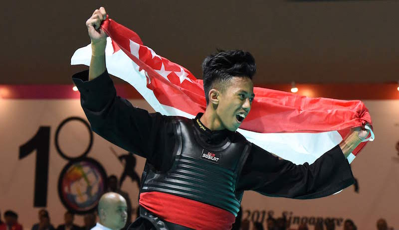 Muhammad Hazim Bin Mohd Yusri won a gold medal in Class B (50-55kg). This is his first time competing in the senior World Championship. Photo: Singapore Silat Federation