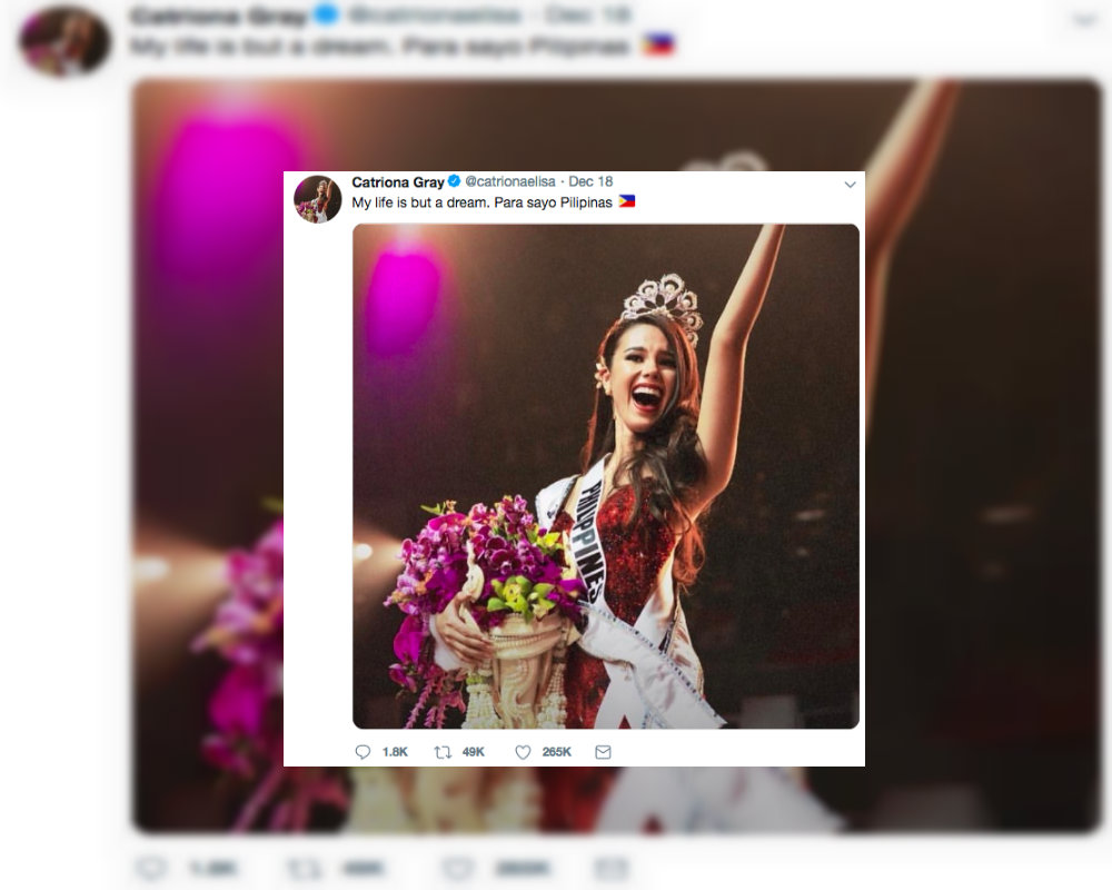 Miss Universe 2018 Catriona Gray tweets: “My life is but a dream. Philippines, this is for you.” Photo: Catriona Gray/Twitter