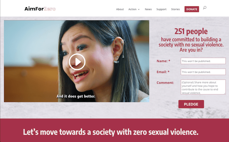 The Aim For Zero website is accepting pledges for supporters who want to join forces in ending sexual violence in Singapore (Photo: Screenshot from aimforzero.sg)
