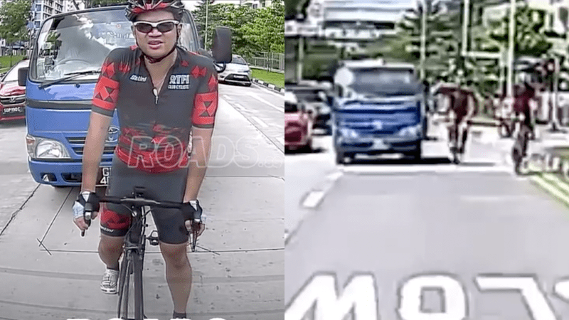 A cyclist was seen in a viral video smashing the side mirror of a truck before the vehicle whacked the cyclist off the road (Photo: ROADS.sg / Facebook)