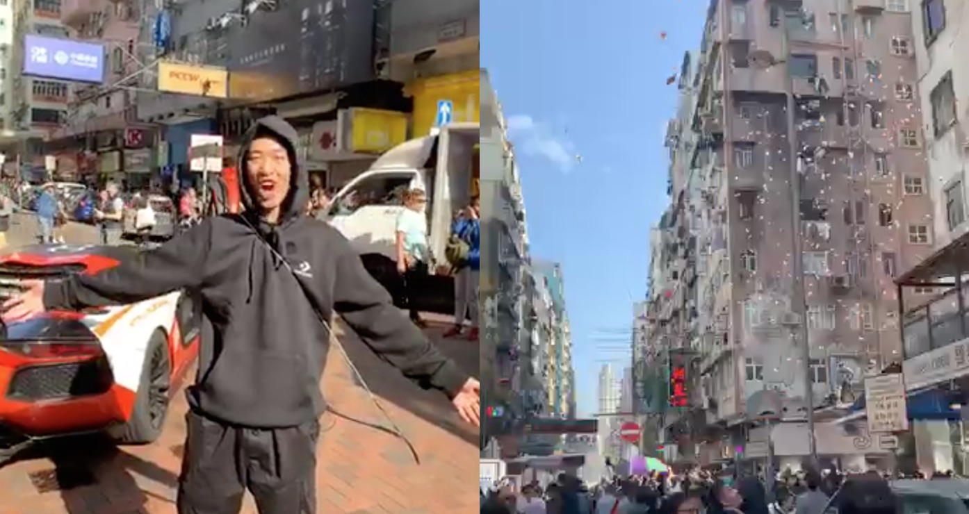 Wong Ching-kit (left) moments before cash rained down from a Sham Shui Po rooftop (right) last December. Screengrabs via Facebook.