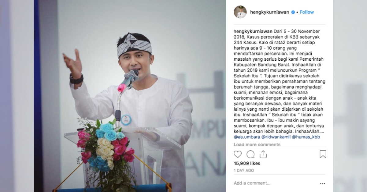 Screenshot of West Bandung Vice Regent Hengky Kurniawan Instagram post about “School for Mothers” program. Photo: Instagram/@hengkykurniawan