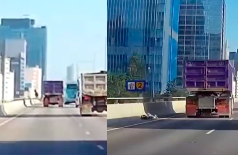 A woman caught on dash cam jumping from a moving truck on the Kwun Tong bypass following an argument with her boyfriend. Screengrab via YouTube.