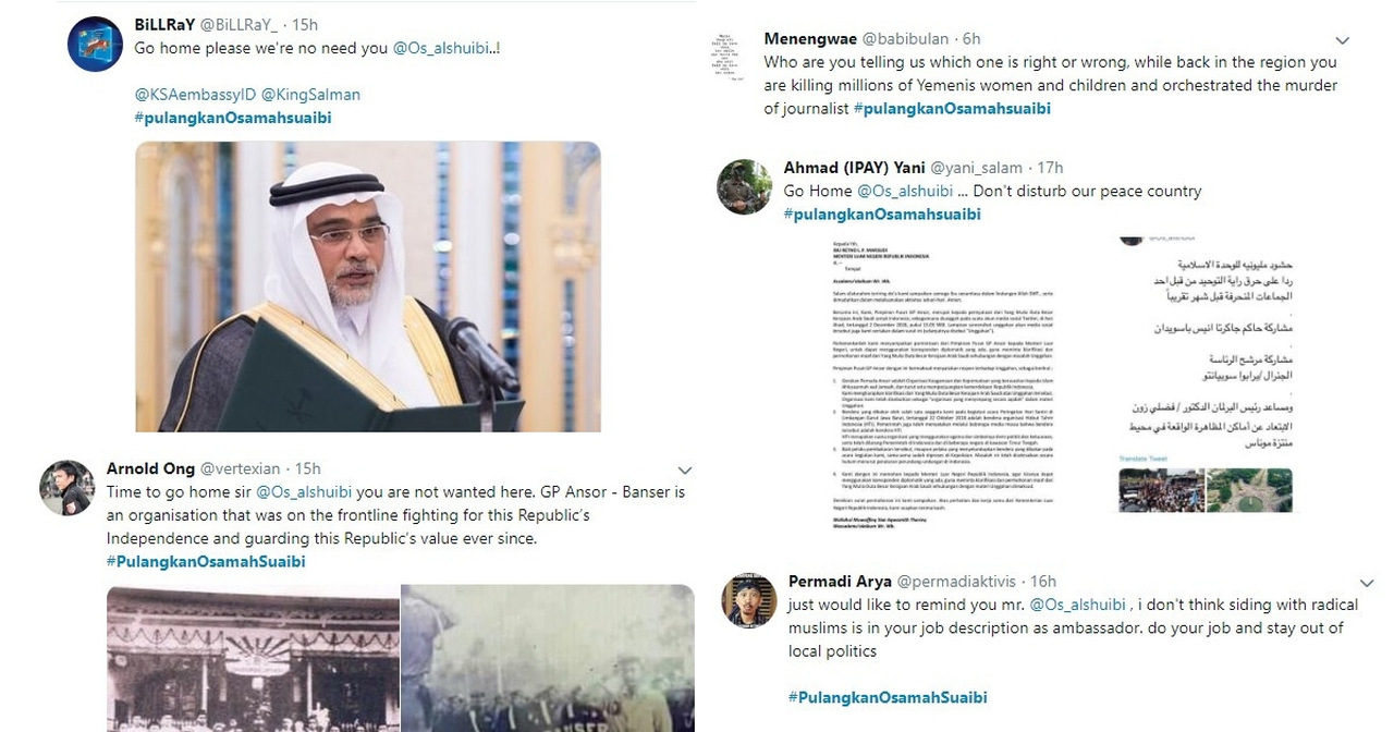 A sampling of tweets calling for the Saudi Ambassador to Indonesia to leave the country with the hashtag #PulangkanOsamahSuaibi (which translates to “Send Osama Suaibi home”)