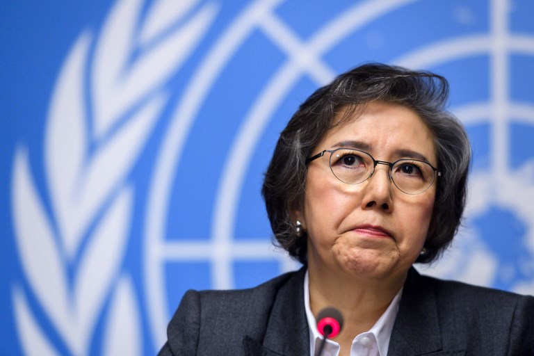 United Nations (UN) Special Rapporteur to Myanmar Yanghee Lee looks on at a press conference after addressing her report before the Human Rights Council in Geneva on March 12, 2018. (Photo by Fabrice COFFRINI / AFP)