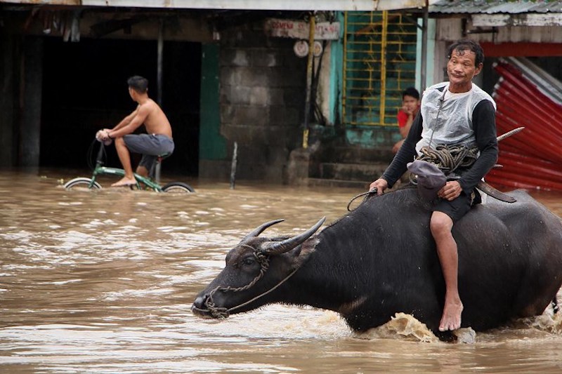 People wade through a flooded street in the town of Baao in Camarines Sur province on December 30, 2018. (Photo by Simvale SAYAT / AFP)