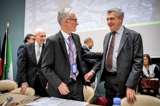 (From L) International Organization for Migration (IOM) Director General William Lacy Swing, Head of the United Nations humanitarian office Mark Lowcock and United Nations High Commissioner for Refugees (UNHCR) Filippo Grandi arrive to a conference to help Rohingya Muslims on October 23, 2017 at the United Nations (UN) Office in Geneva. – The UN hosts a pledging conference to raise some of the more than USD 400 million humanitarian groups say is needed to help Rohingya Muslims who have fled violence in Myanmar to Bangladesh. (Photo by Fabrice COFFRINI / AFP)