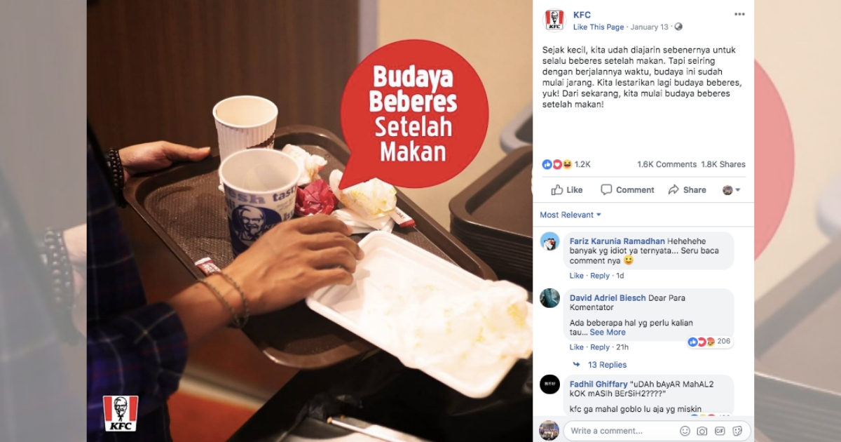 A screenshot of KFC Indonesia’s Facebook post about their “clear your table after eating” campaign. Photo: Facebook/@kfcindonesia
