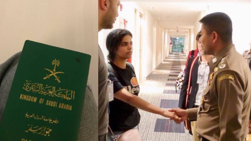 
Alqunun’s returned passport. Photo: Twitter/ Rahaf Mohammed and shaking hands with Immigration Chief Lt. Gen. Surachate Hakparn. Photo: Twitter/ @amaniija