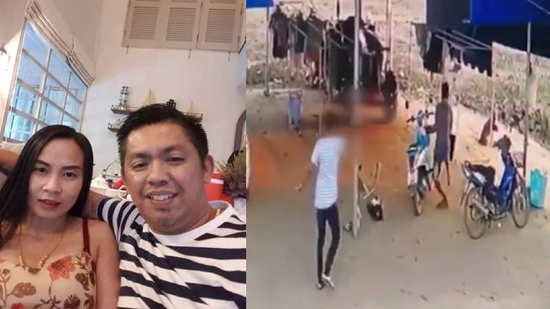 Pregnant victim, Kanyarat Kingkaew, and suspect, Theerapol Pin-amorn / CCTV footage of the incident. Photo: Facebook/ Crow carries news. Screenshot: Youtube/ Eternal love