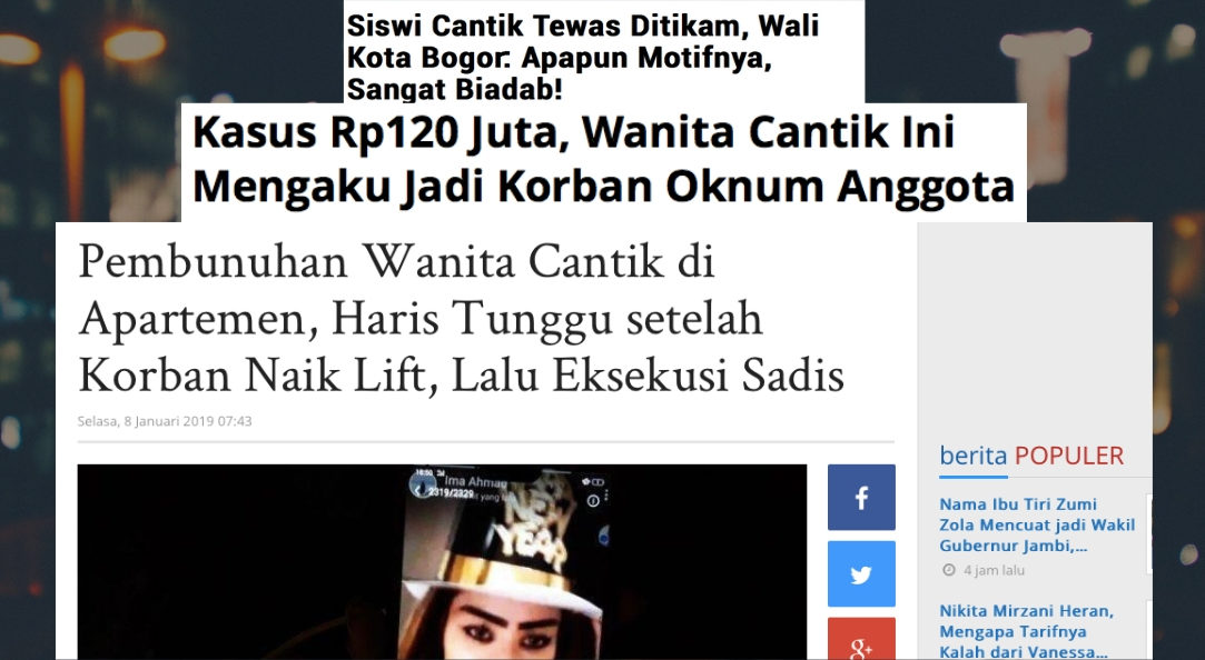 Rececnt headlines from Indonesian publications for articles that objectify female victims.