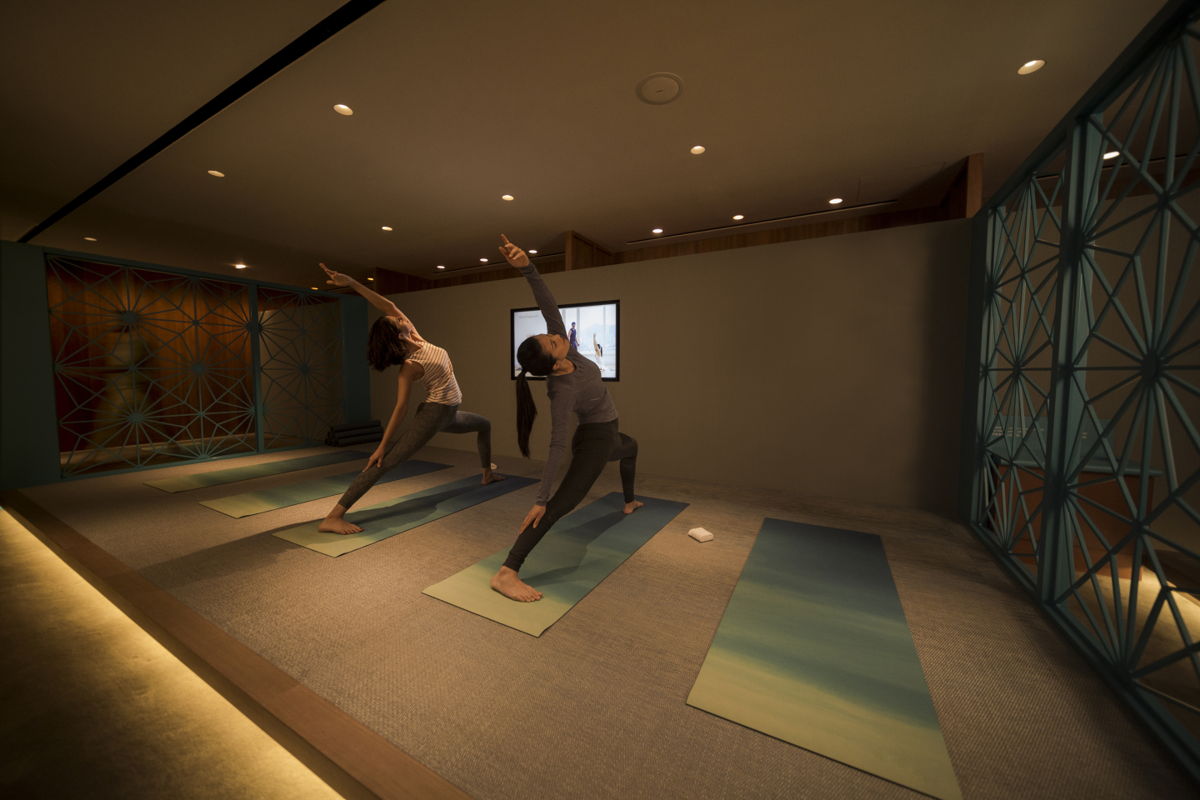 A view of the Sanctuary, a new dedicated yoga and meditation space inside Cathay Pacific’s Pier lounge at Hong Kong International Airport. Photo via Cathay Pacific.