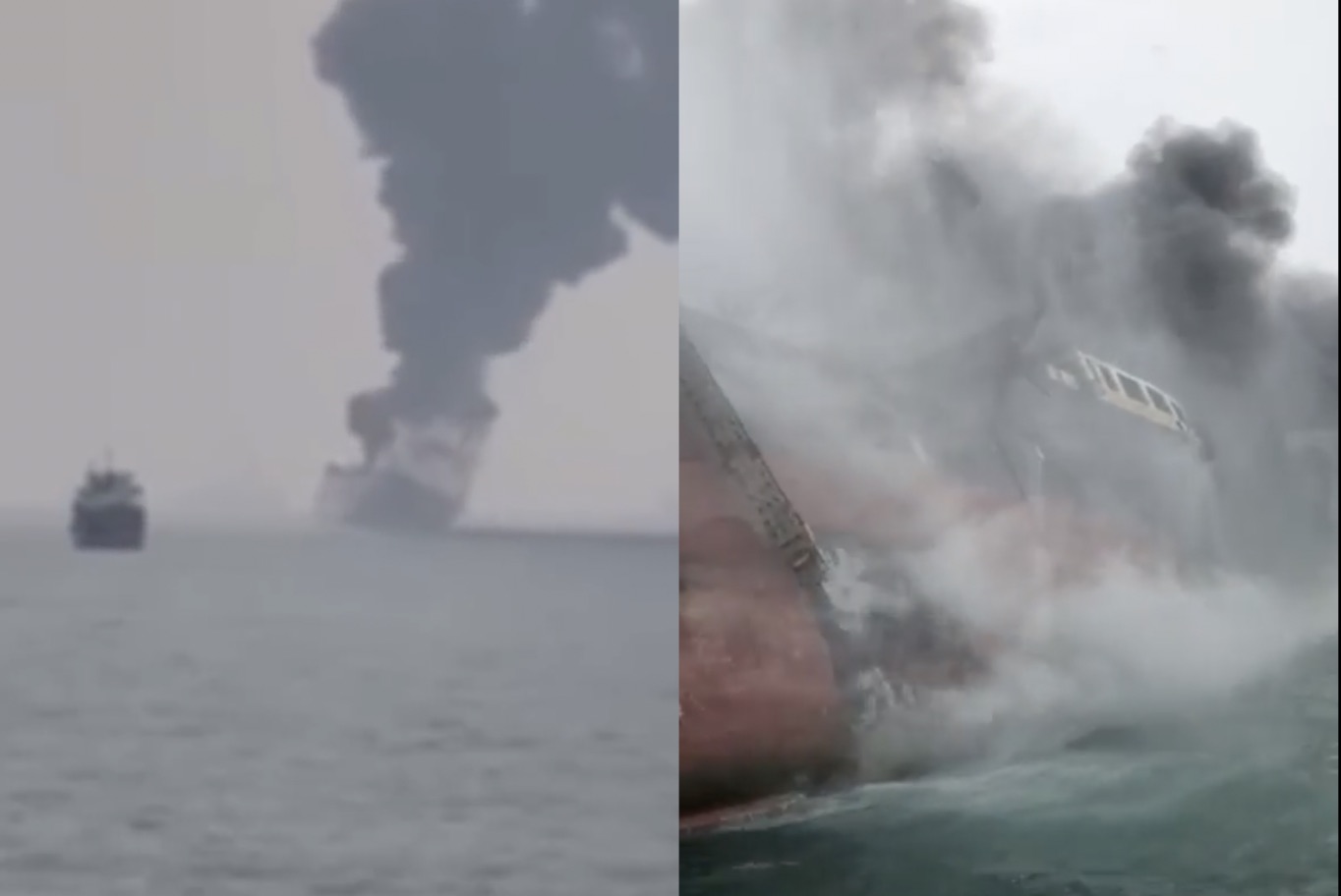 Screengrabs via YouTube. Social media video opf the oil tanker on fire off the coast of Lamma Island. Screengrabs via YouTube.