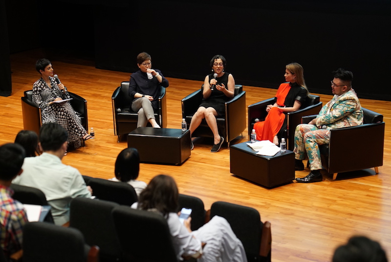 The dialogue (L-R): Host Anita Kapoor, museum director Angelita Teo, artists Shubigi Rao and Lucy Liu & Ryan Su from The Ryan Foundation. and Ryan Su in dialogue. Photo: Galen Crout