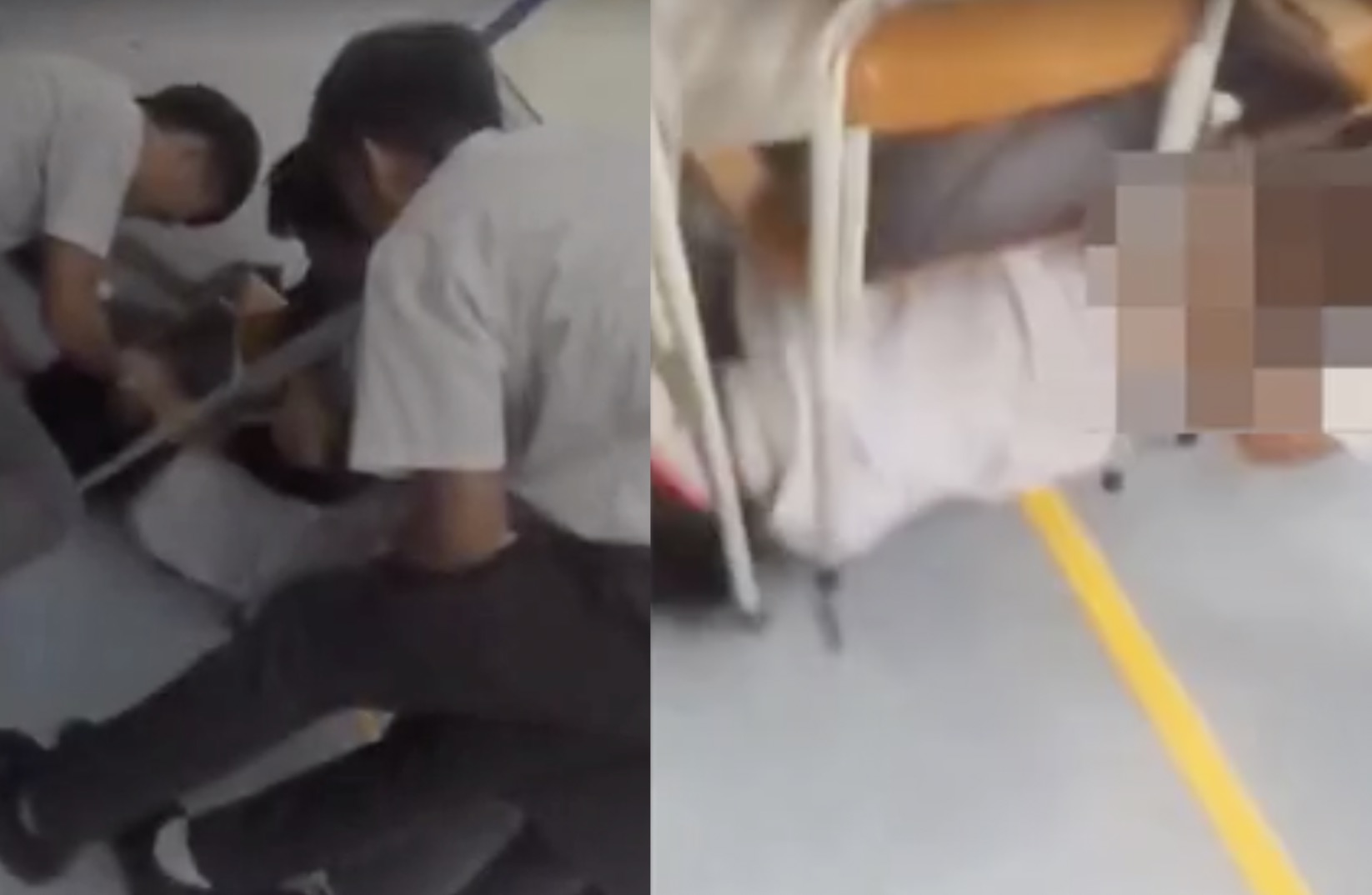 Eight teenage boys have been arrested after a video of them harassing another boy by pinning him down and pulling down his pants went viral. Screengrabs via Apple Daily video.