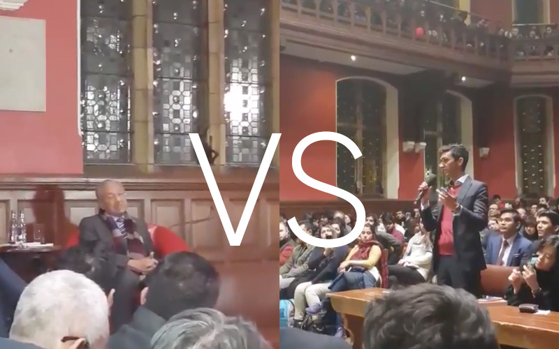 Malaysian Prime Minister Mahathir Mohamad (left) was challenged on his position on the Singapore-Malaysia maritime dispute and water treaty by Singaporean Oxford undergrad Darrion Mohan (right) (Photo: Darrion Mohan / Facebook)