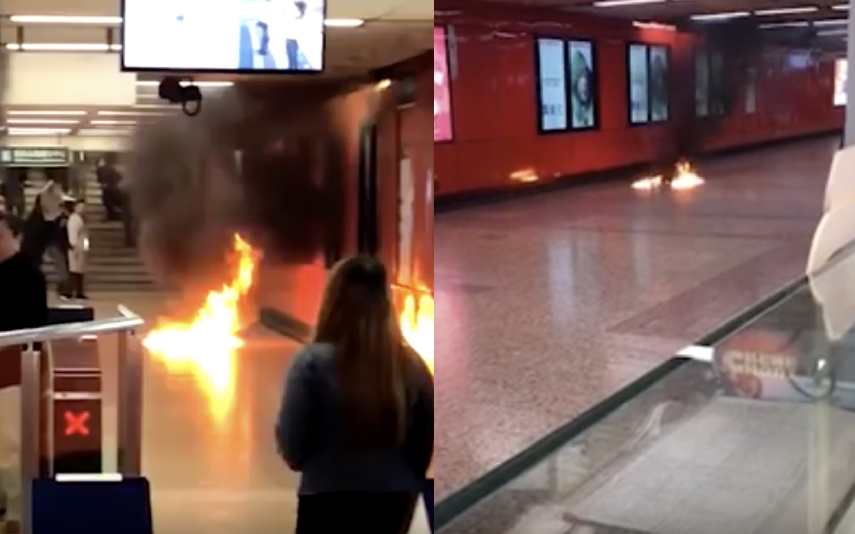 A fire broke out inside Mong Kok MTR station over the weekend. Screengrabs via YouTube.