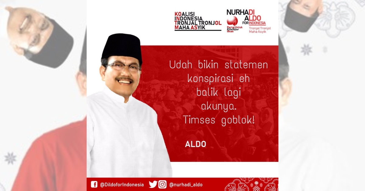 “The account was recovered only after we made a statement on alleged conspiracy. [Such a] dumb winning team!” Satirical political meme Nurhadi-Aldo temporarily disappeared from Instagram on Monday morning. Photo: Twitter/@nurhadi_aldo