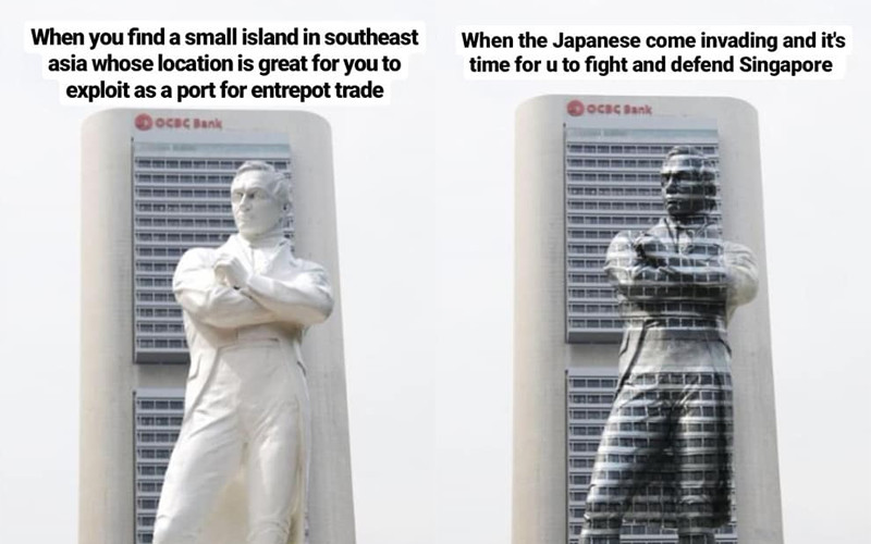 The “disappearing” Sir Stamford Raffles statue has been turned into a meme, as the country reflects on its colonized past (Photo: Paul Jerusalem / Facebook)