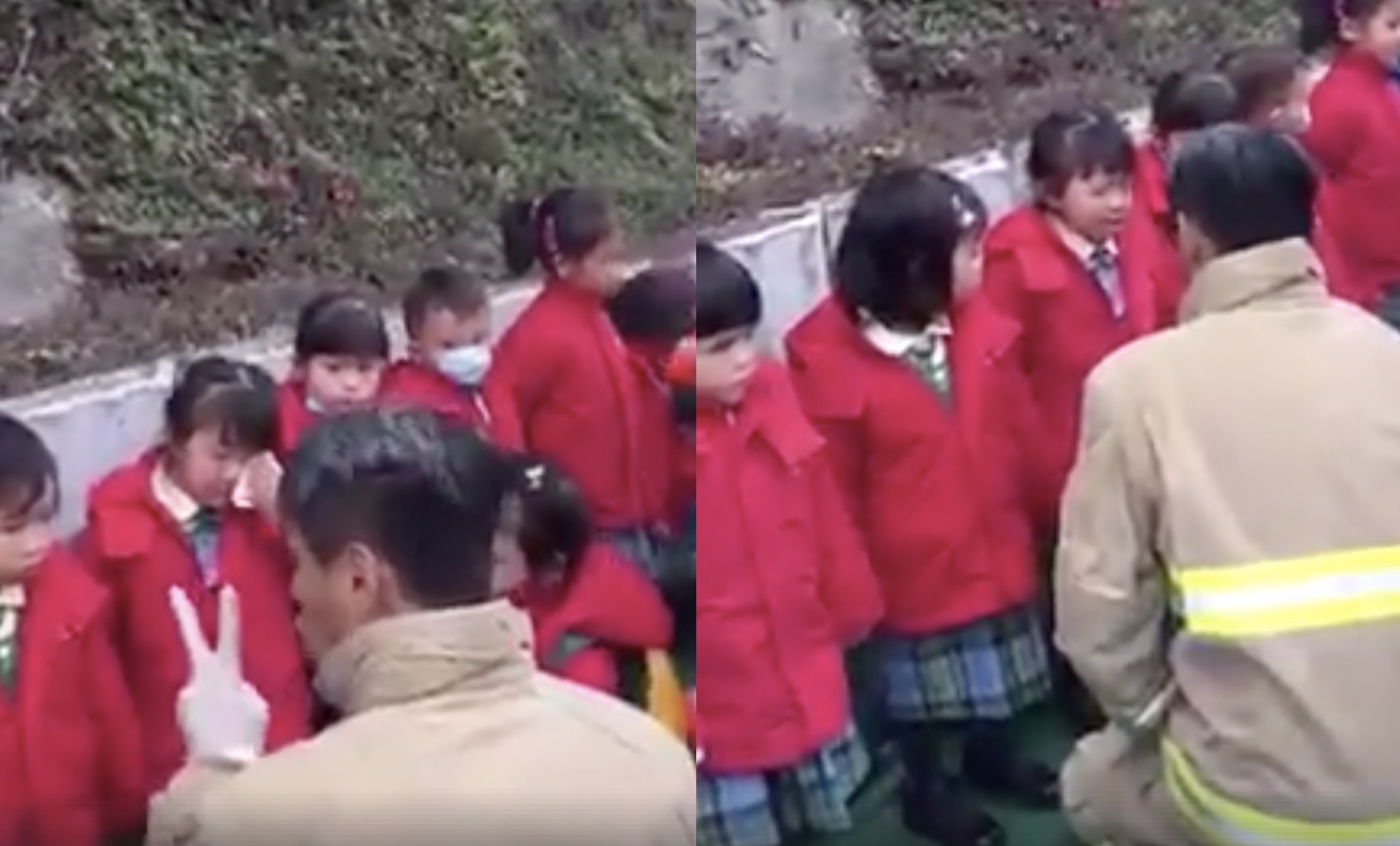 A fireman won the hearts of netizens after he was filmed comforting a group of kindergarten kids who got caught up in a school bus crash last week. Screengrab via Facebook/Esther Chan.