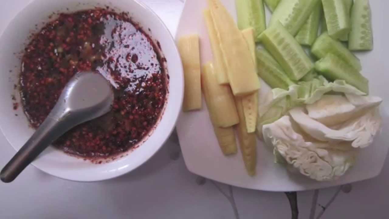 Traditional Burmese meal accompaniment (ngapi and vegetables)