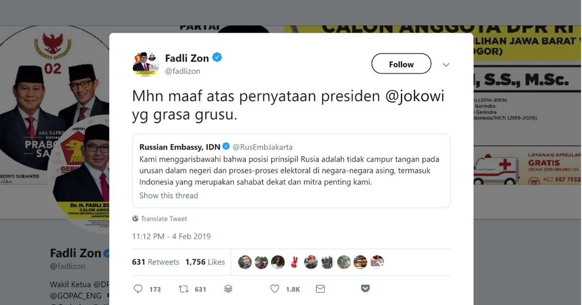 The tweet from Deputy House Speaker Fadli Zon says: “I beg forgiveness for the statement of President @jokowi, which was hasty.” Screenshot: @fadlizon / Twitter