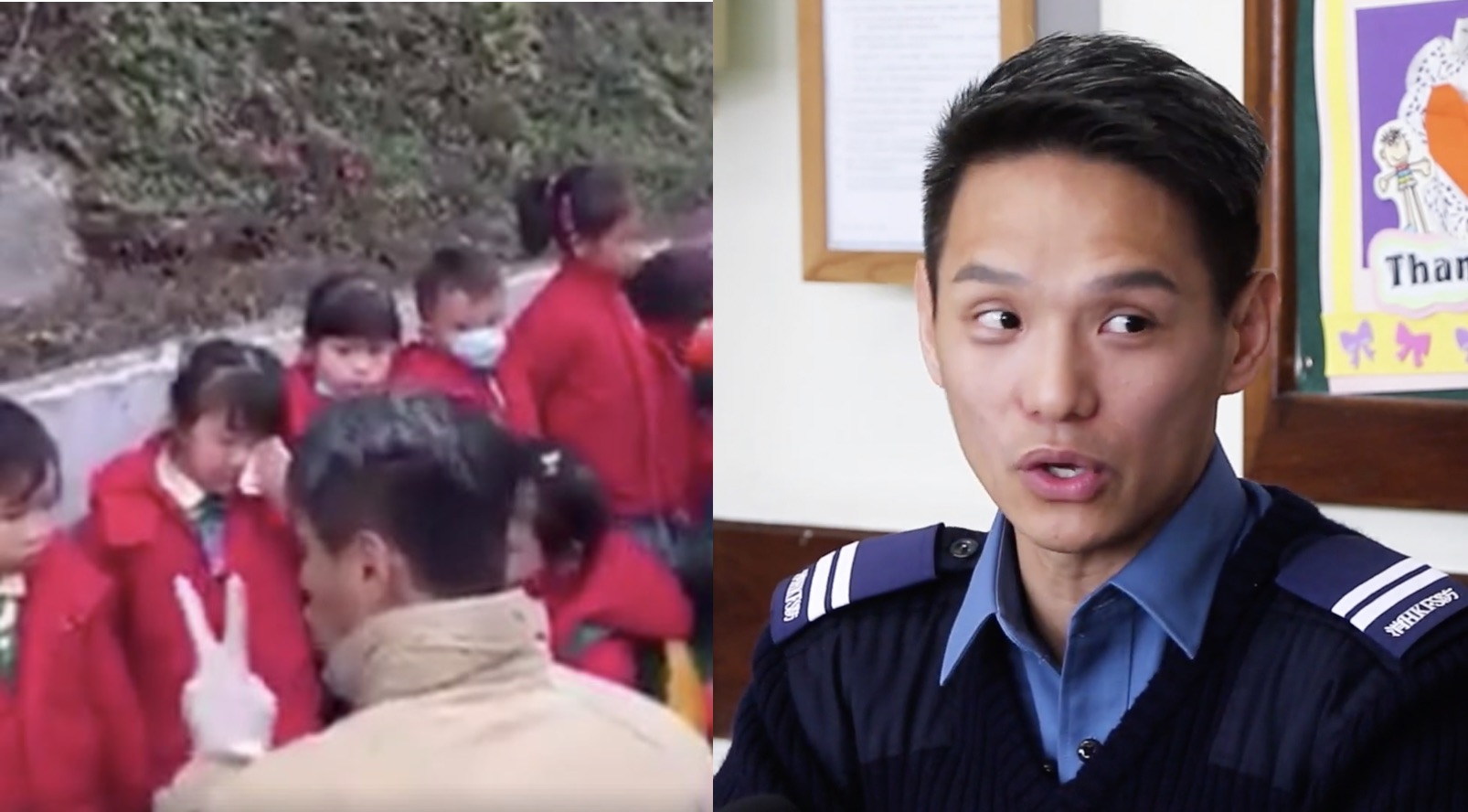 Chan Yee-leung has been revealed as the mystery firefighter who was filmed comforting tearful kindergarten children in Kwun Tong last month. Screengrabs via Facebook video and YouTube.