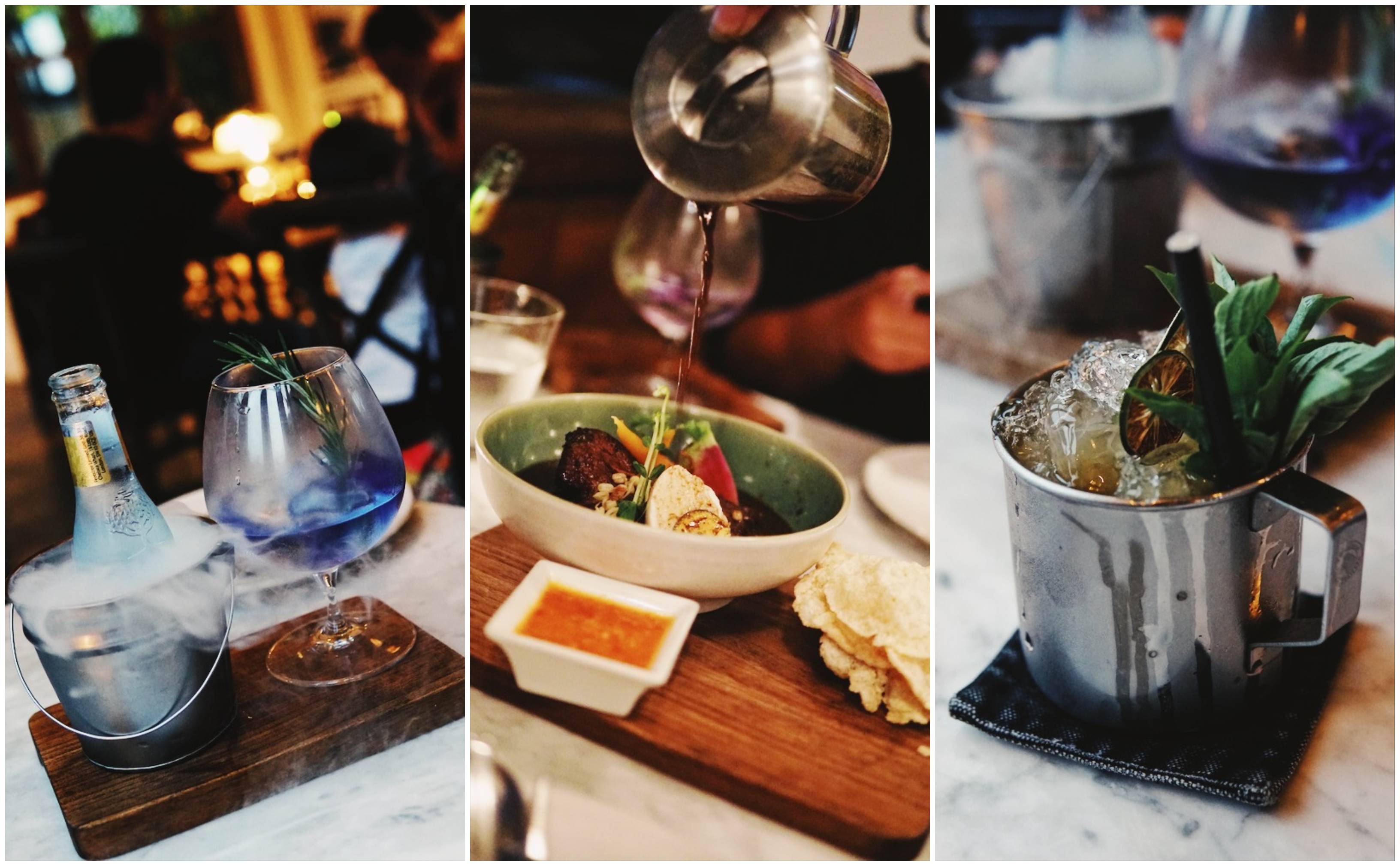 From left to right: Hujan G&T, 48-hour Rawon, Thai Basil Mule. Photos: Coconuts Bali