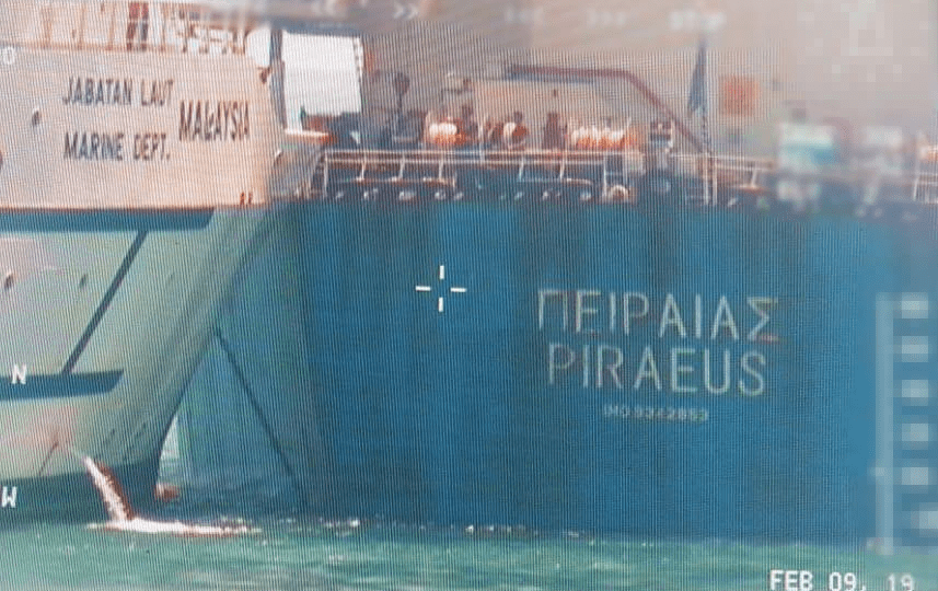 Malaysia vessel Polaris (left) colliding with Greece-registered vessel Piraeus (right) as the latter vessel was leaving Singapore’s Tuas port en route to Malaysia (Photo: Maritime and Port Authority of Singapore)