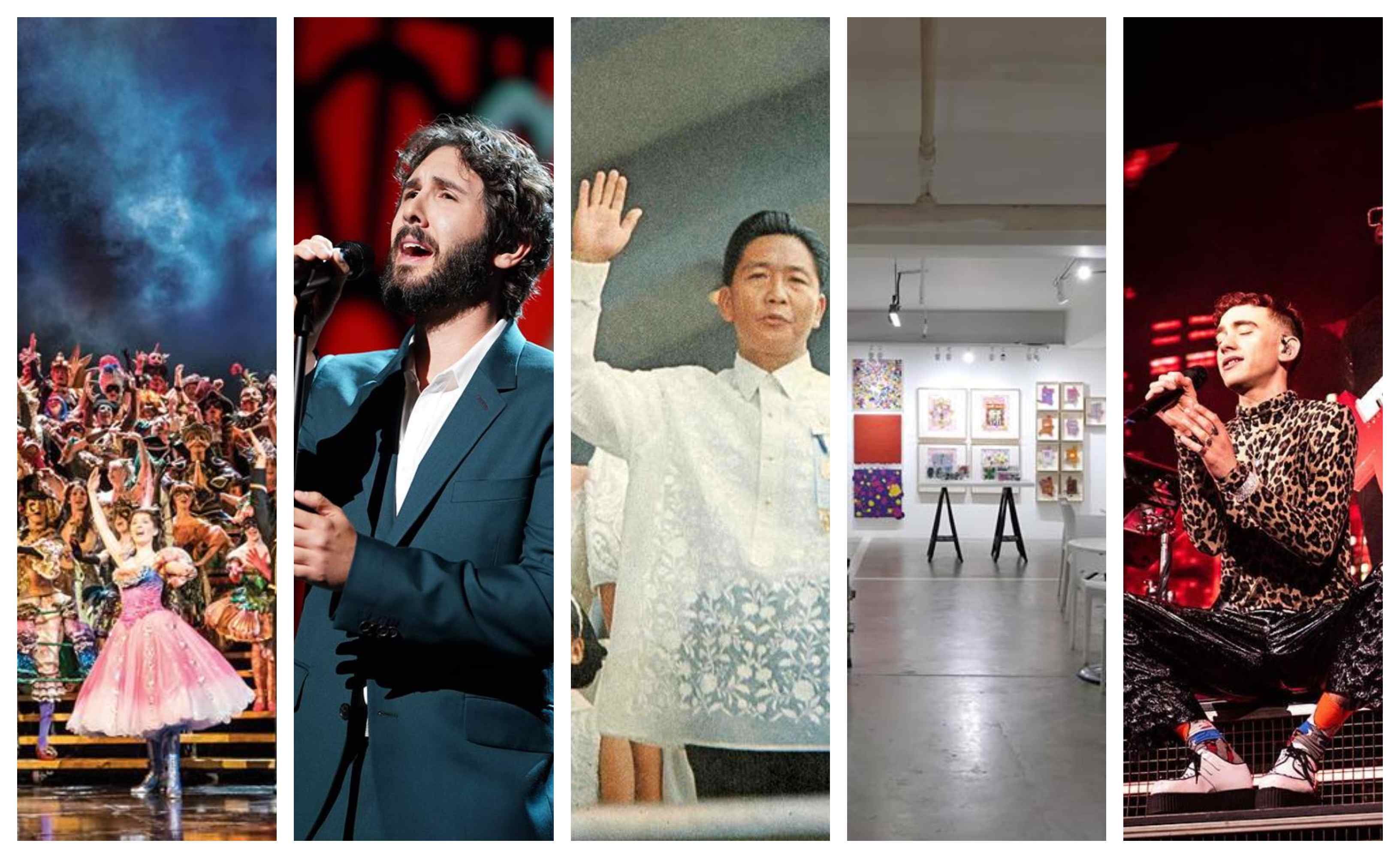 Image composite: Philippine Presidential Museum and Library; The Phantom of the Opera, Josh Groban, Art Fair Philippines, and Years & Years Facebook pages. 