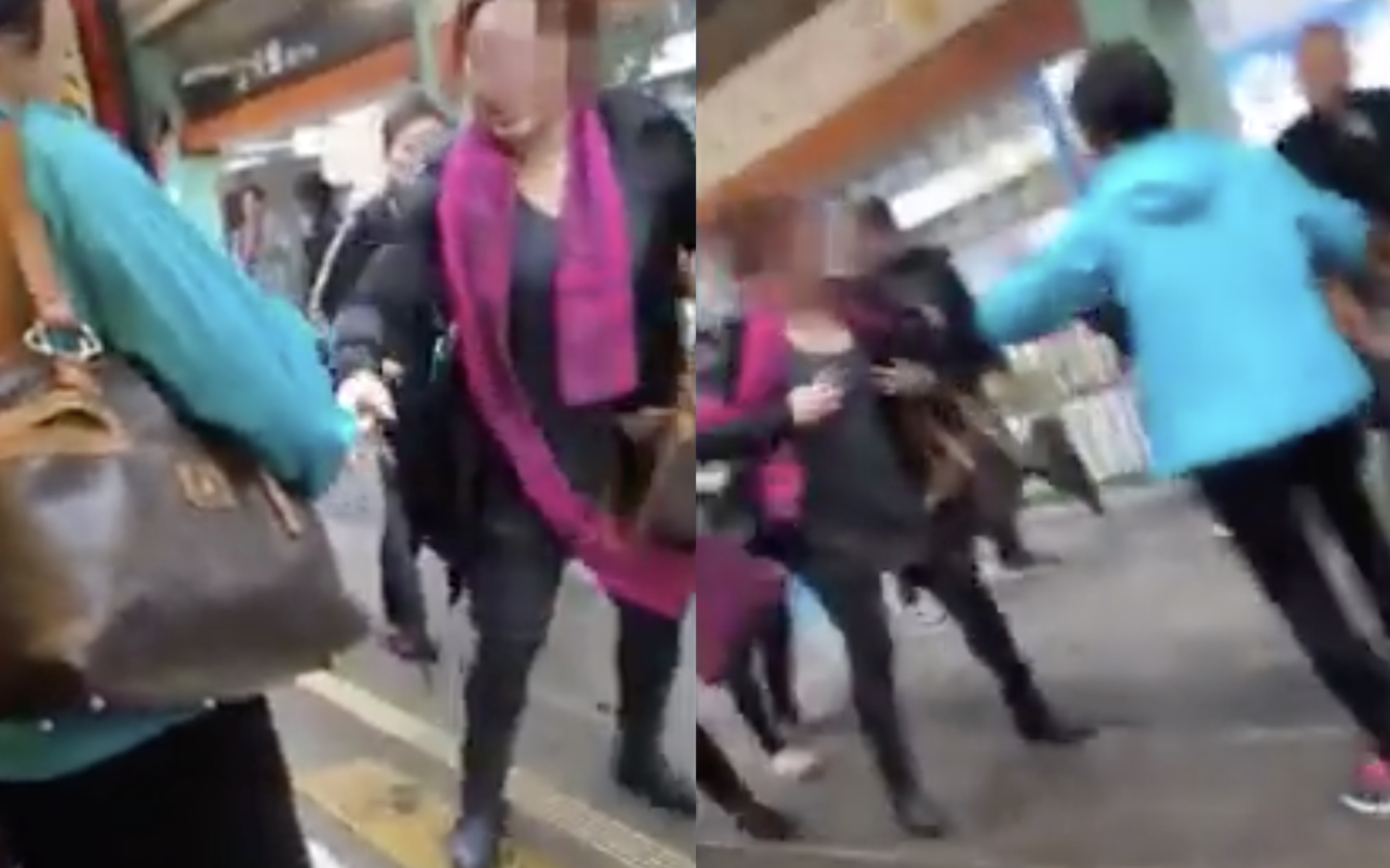 Two women were filmed fighting over a seat on the MTR light rail over the weekend. Screengrab via Apple Daily video.