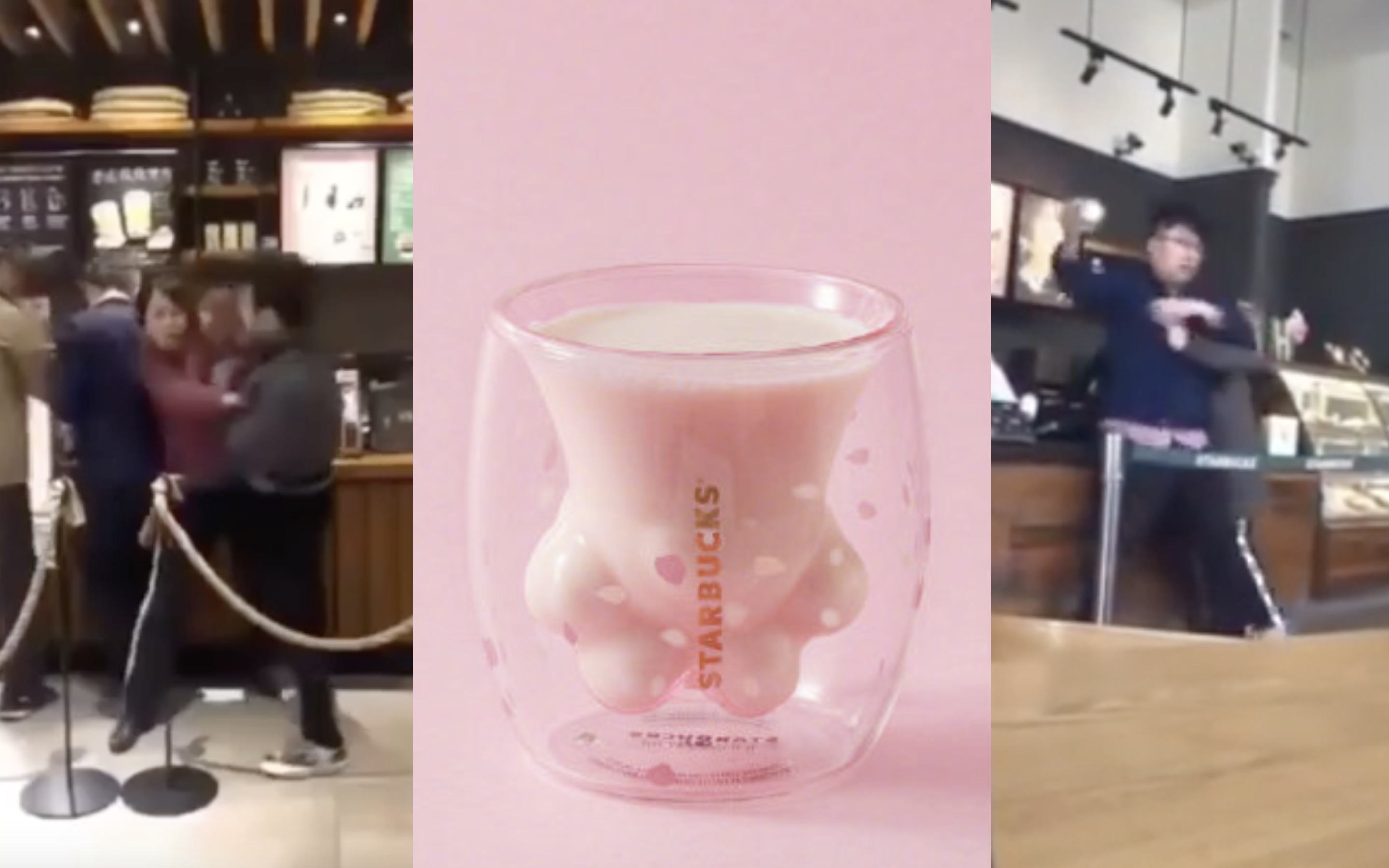 Videos of customers brawling in Starbucks over limited edition cat paw tumblers have been going viral over the weekend. Screengrabs via YouTube and Weibo/Starbucks.