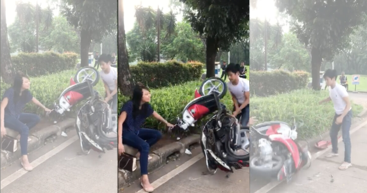 A viral clip shows an Indonesian man, identified as Adi Saputra, reacting angrily to getting ticketed by the police and dismantling the motorcycle owned by his girlfriend, Yuni Astuti, piece by piece. Photo: Facebook/Shidiq Zld