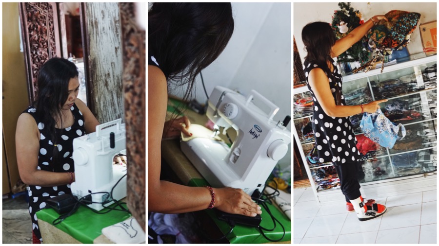 Left and Center: Kariani sewing her bags in her home. Right: Kariani taking stock of her bags in her home. Photos: Julianne Greco/Coconuts Bali