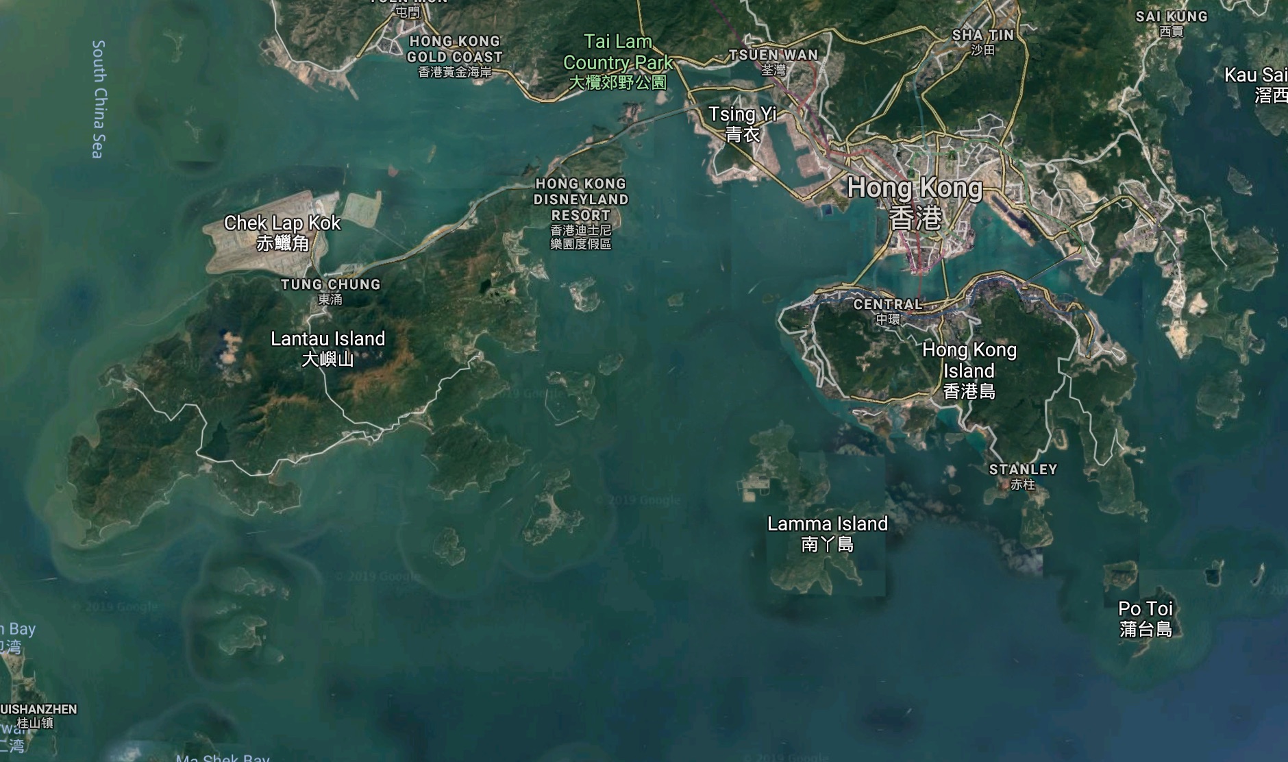 A satellite image of Lantau (left) and Hong Kong islands. Photo via Google Maps.