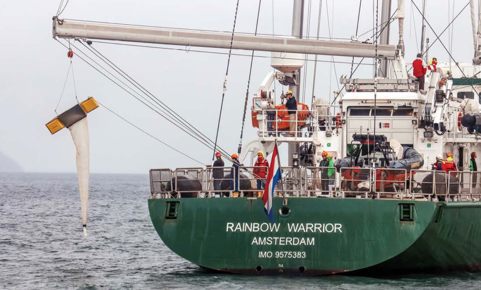 Greenpeace’s ship, the Rainbow Warrior, takes samples to determine the plastic content of seawater. Photo via Vincent Chan/Greenpeace.