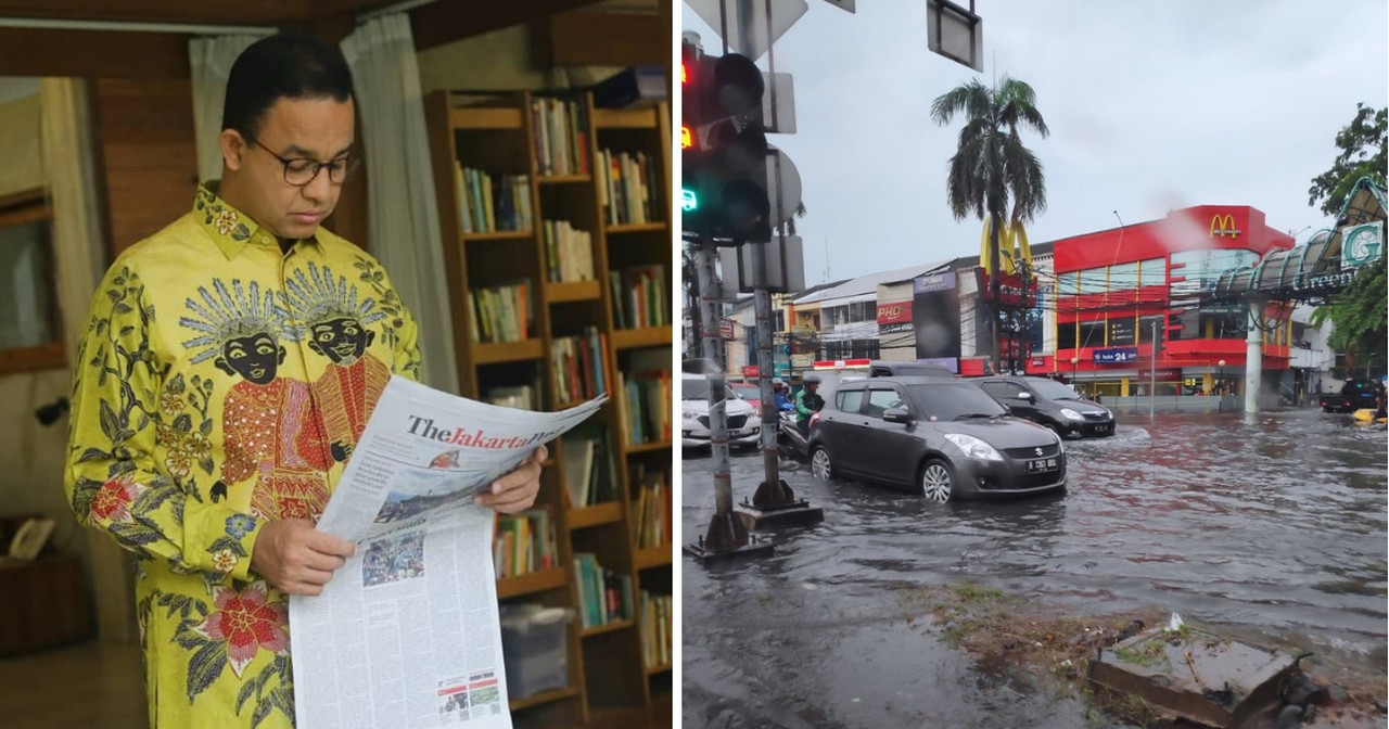 L): Jakarta Governor Anies Baswedan Photo: @aniesbaswedan / Instagram 
R): Flooding on Jl. Panjang Jakbar. Photo: @YohanYoanda / Twitter