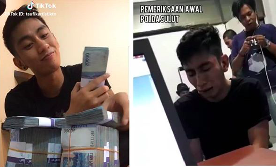 Suspected phone thief Taufik R Gani flaunting the cash he made from selling stolen phones (Left) and crying in police custody (Right). Photo: Instagram/@makassar_iinfo