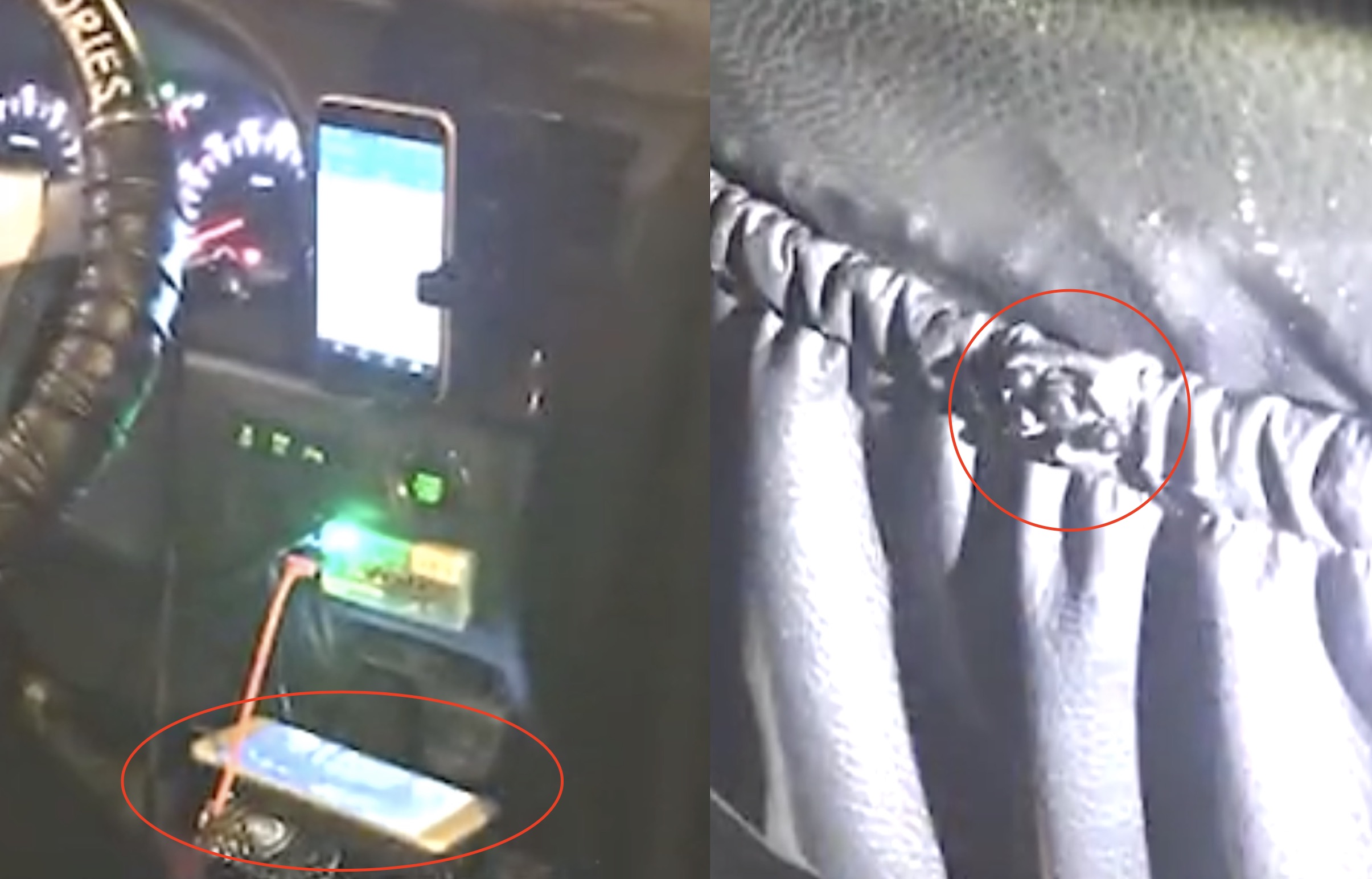(Left) Police found an iPhone facing upwards with the screen showing a live upskirt video of a female passenger. The video was filmed via a pinhole camera (right) installed in the backseat of the car. Screengrabs via Apple Daily video.