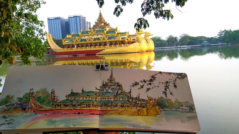 Karaweik Palace by Aung Thein Htike via ATH Sketch Studio Facebook