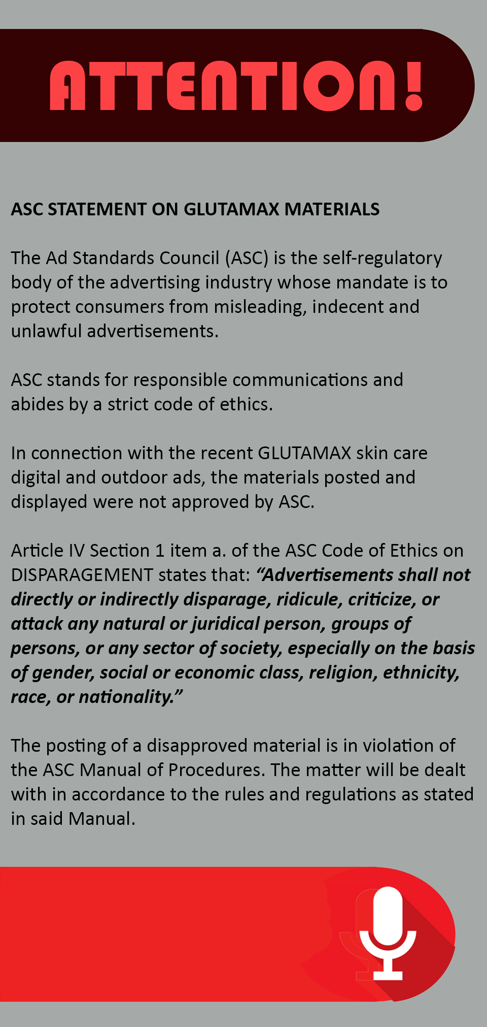 The Ad Standards Council's statement. Photo: ASC's FB page.