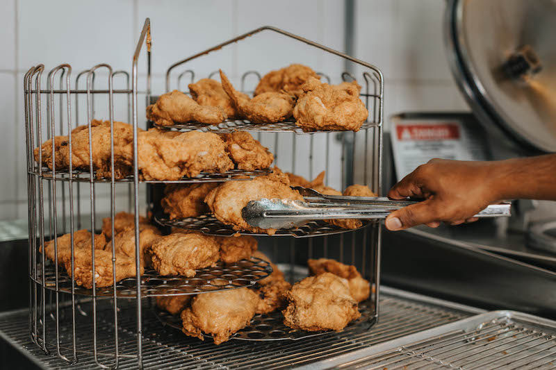 The fried chicken cooked in racks. Photo: KFC