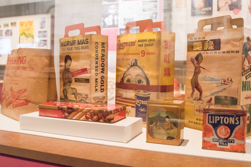 Paper bags of powdered milk drinks from popular brands. Photo: National Museum of Singapore