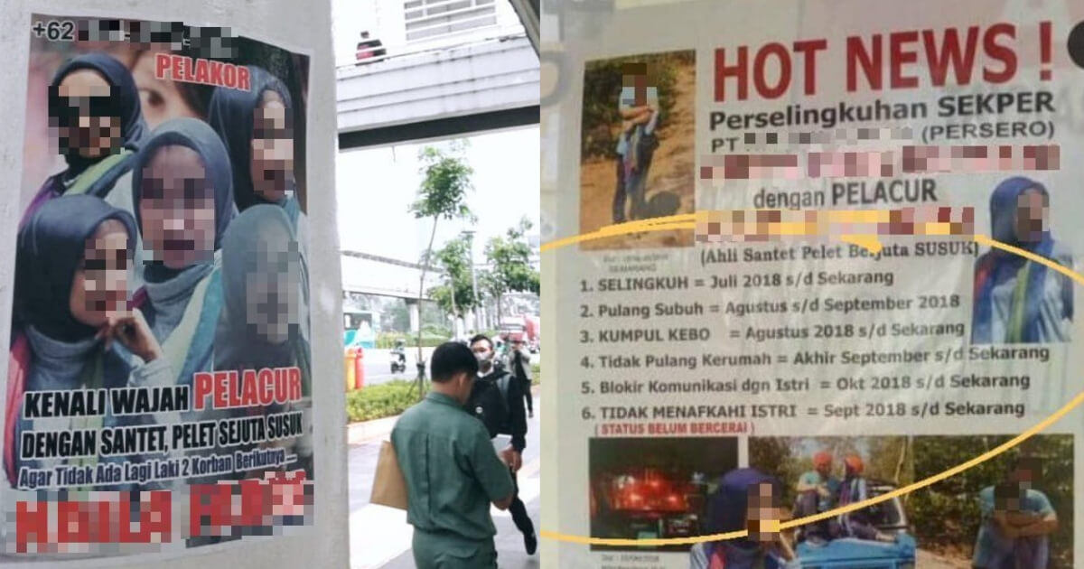 An unidentified Jakarta woman strategically spread posters featuring the names of her husband and his alleged mistress, as well as details about their supposed affair. Photo: Twitter/@larasramone & Instagram/@makrumpita