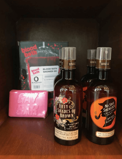 Gay bar (rose soap), Blood bath (cherry-scented shower gel), Fifty Shades of Brown and No Shit Sherlock (lavatory mists). Photo: Kaka Corral