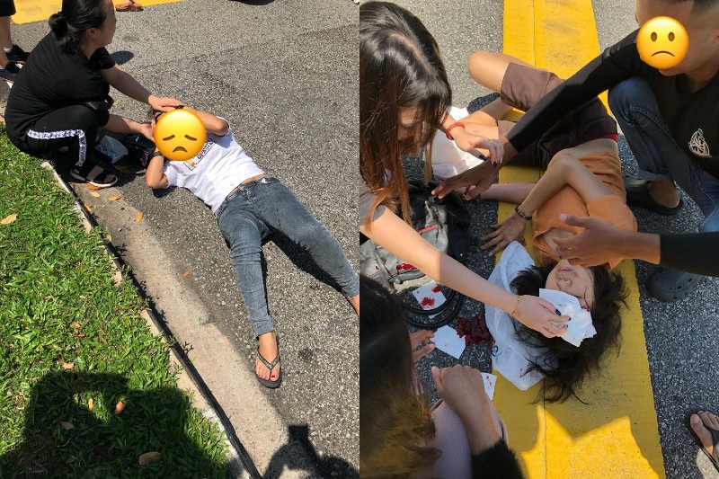 Two pedestrians were found in a bloodied state after a taxi driver allegedly beat a red light and hit the two pedestrians. (Photo: Cassendra Tay / Facebook)